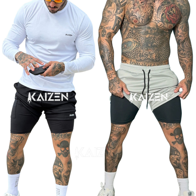 Bermuda 2 em 1 masculina com bolso interno e 2 laterais para caminhada e corrida