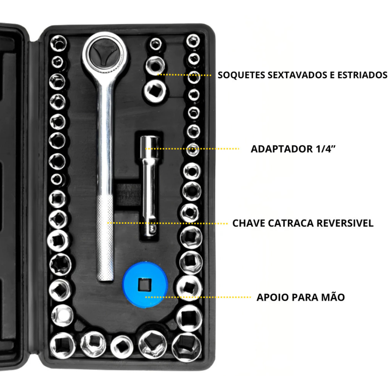 Kit De Ferramentas 46 Peças Jogo De Soquetes Chave Catraca Reversível Com Maleta Jogo De Ferramentas Completo