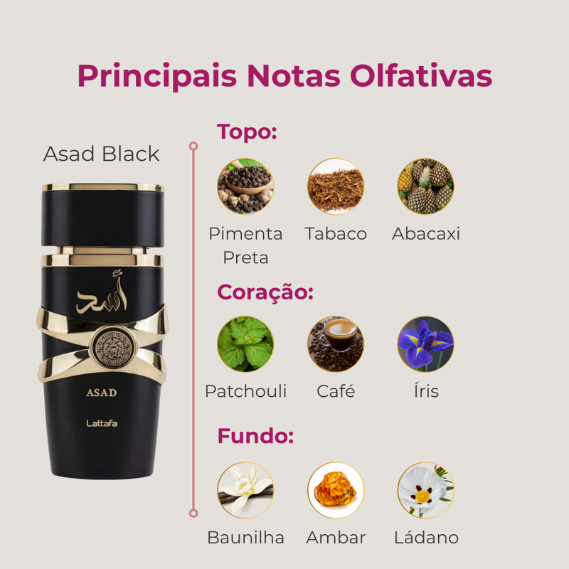 Perfume Árabe Asad Lattafa Preto Masculino Intenso e Oriental 100ml